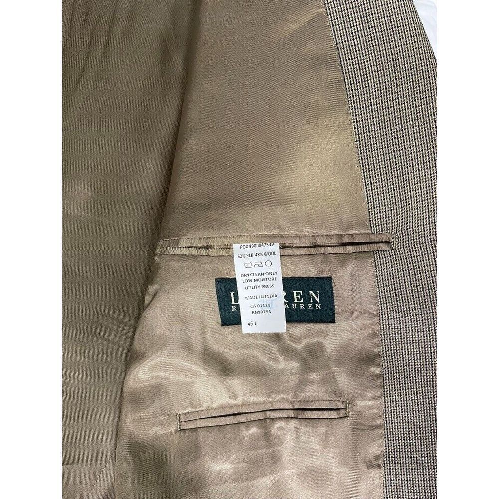 Lauren Ralph Lauren Mens Blazer 46L Brown Silk Wool Check 2 Button Single Vent - Picture 11 of 13